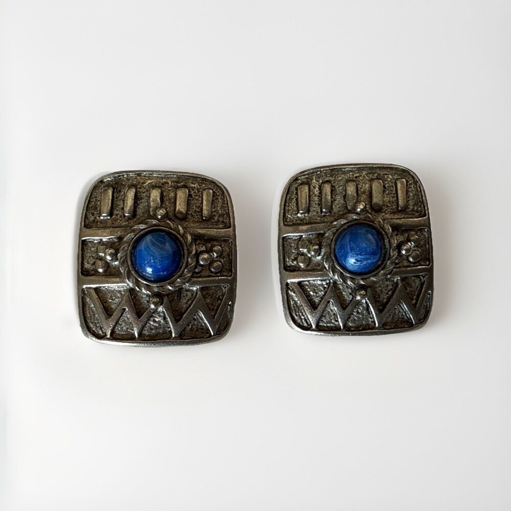 Silver Tone Earrings Clip On Square Blue Stone Geometric Vintage
